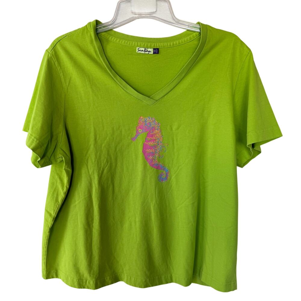 Sun Bay Green Sea Horse V Neck T-Shirt size 1X